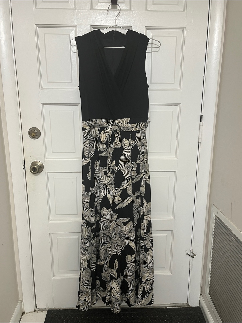 Enfocus Studio Black Maxi Dress with Cream Floral Skirt and Tie Waist